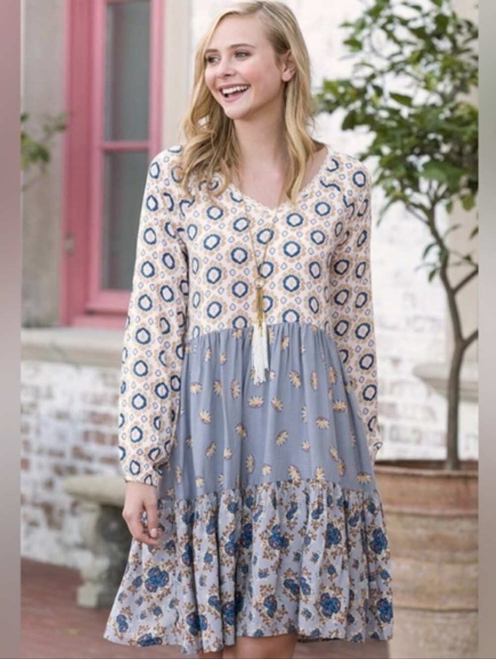 Matilda Jane Visionary Dress Make Believe Collection Size Medium Blue Cream